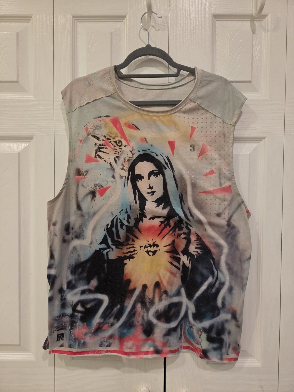 Graphic Sleeveless Women's Top with Virgin Mary & Flaming Heart